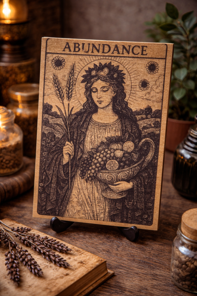 🌾 ABUNDANCE Plaque en bois peint & gravé – 14 x 9 cm