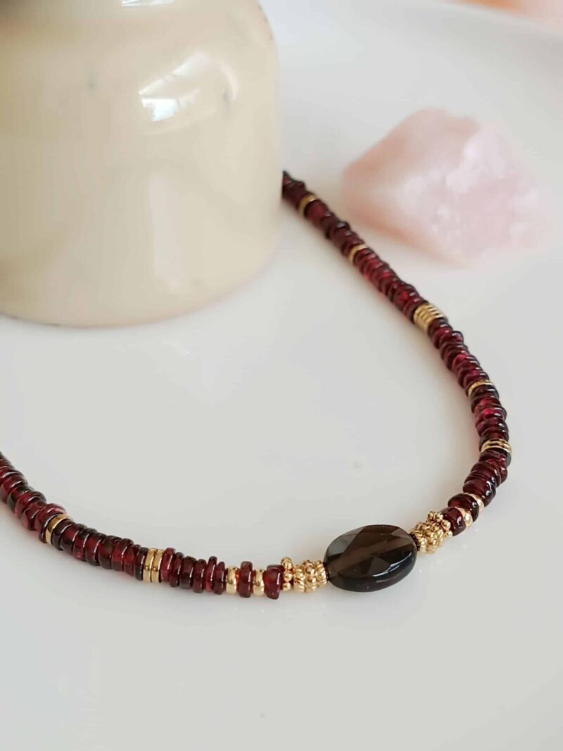 Collier HOPE grenat et quartz fumé