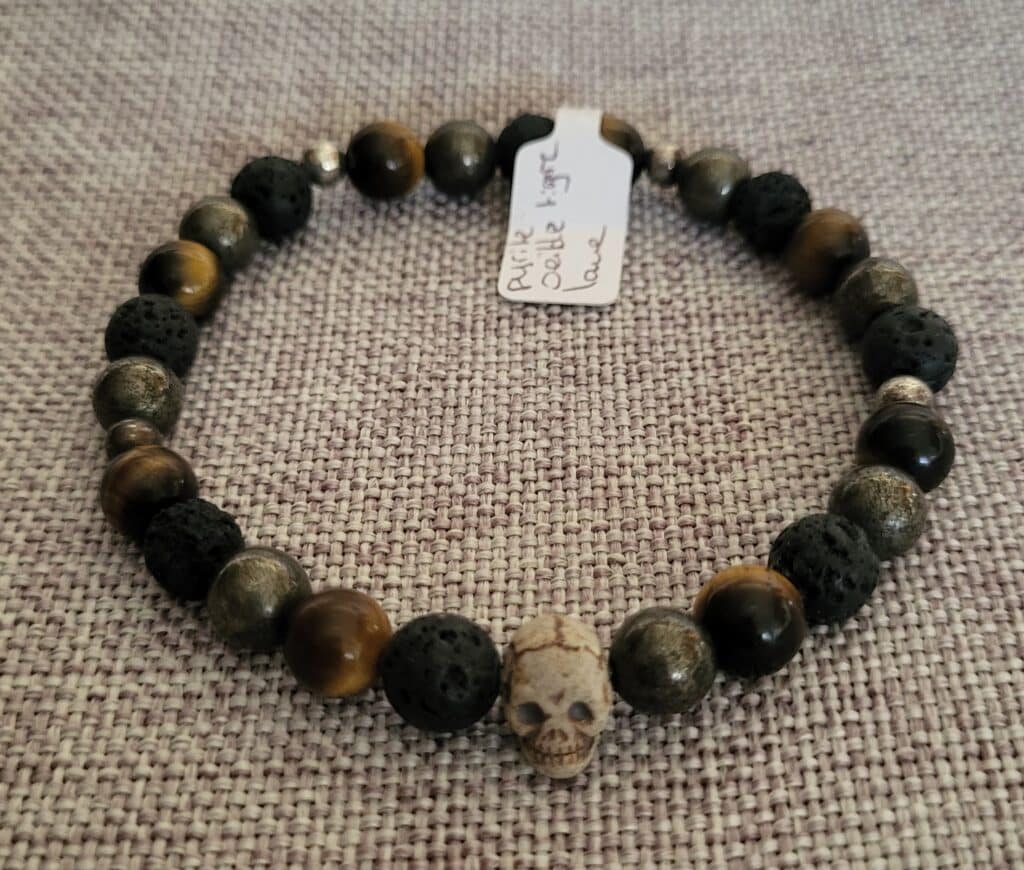 Bracelet crâne pyrite, oeil de tigre & pierre de lave