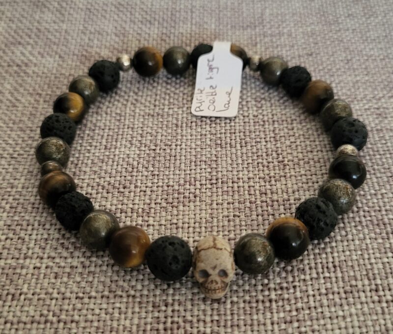 Bracelet crâne pyrite, oeil de tigre & pierre de lave