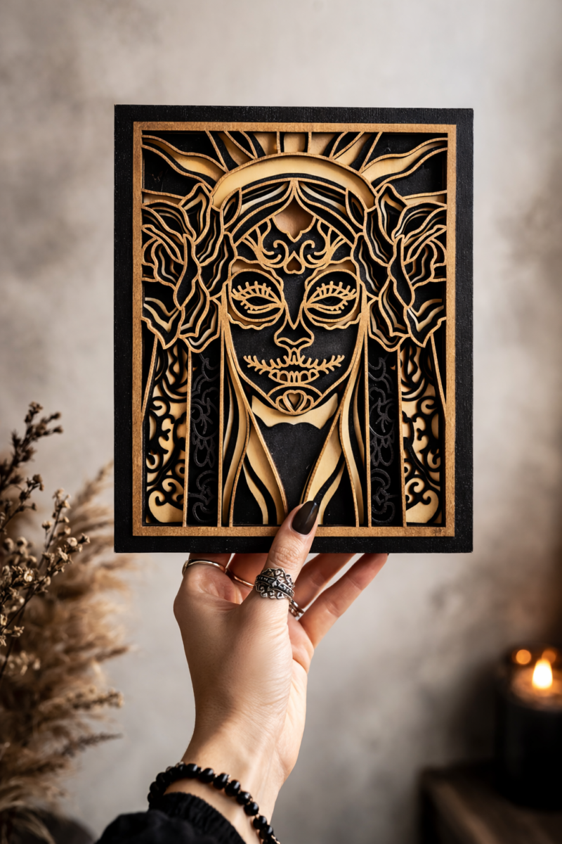 Santa Muerte – Sculpture murale en bois 3D, énergie de protection et de renaissance