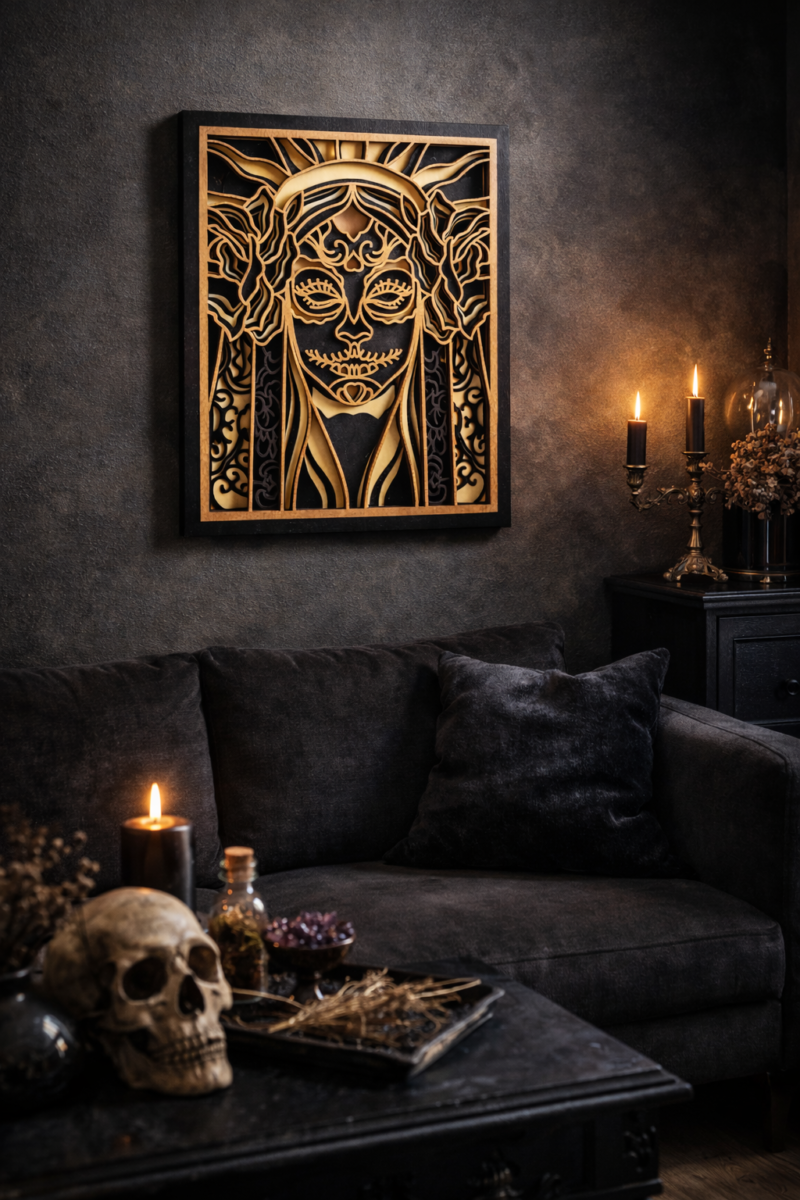 Santa Muerte – Sculpture murale en bois 3D, énergie de protection et de renaissance