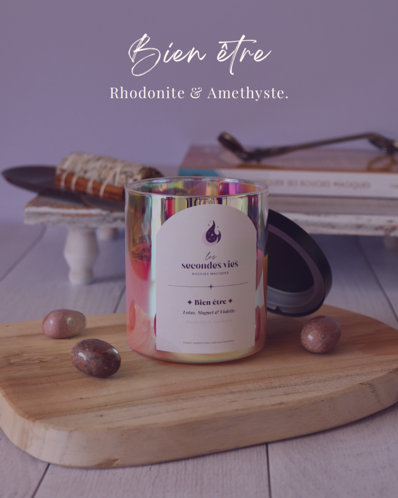 Bougie parfumée rituelle Bien être psychique – Rhodonite & Amethyste.