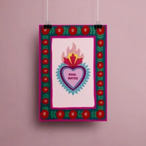 Affiche Soul Mates – Illustration Ex-Voto Mexicain Cœur Sacré