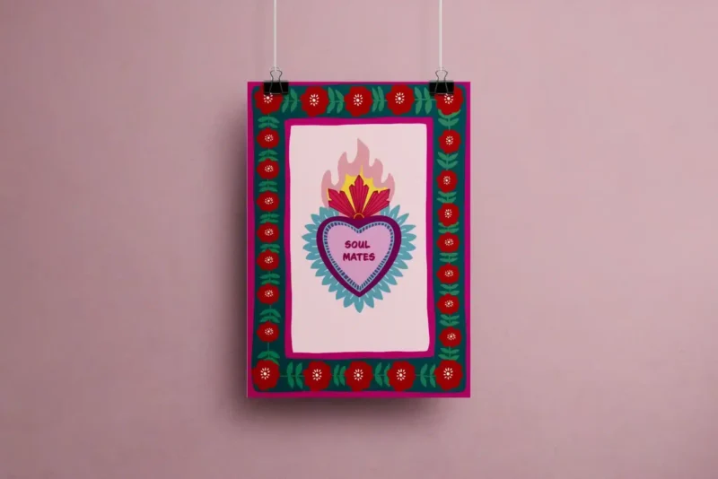 Affiche Soul Mates – Illustration Ex-Voto Mexicain Cœur Sacré