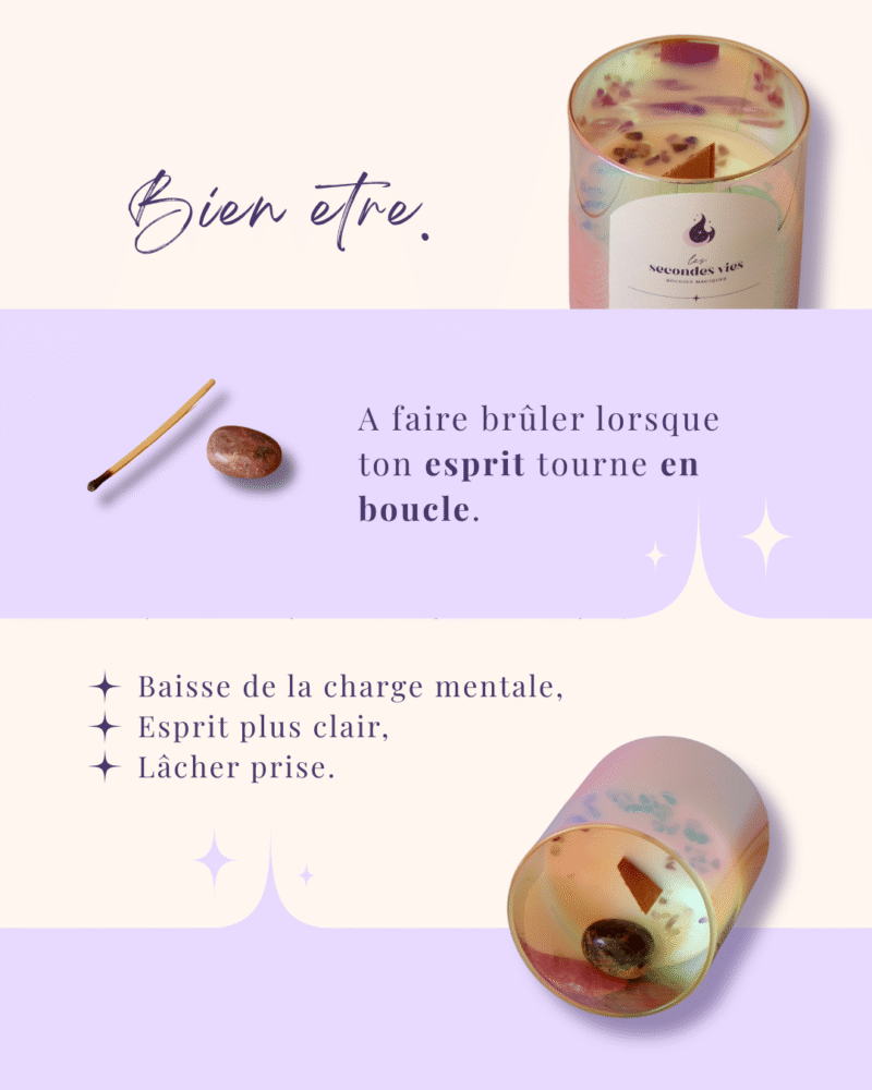 Bougie parfumée rituelle Bien être psychique – Rhodonite & Amethyste.