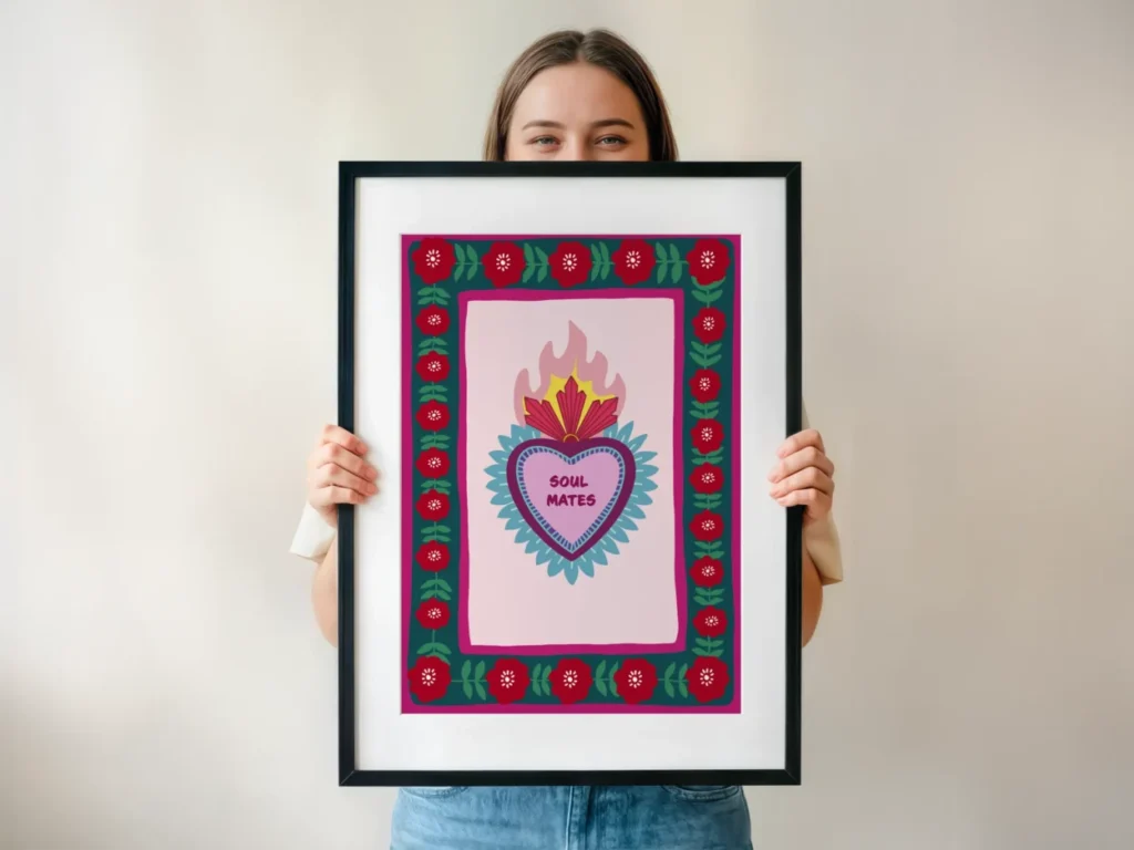 Affiche Soul Mates – Illustration Ex-Voto Mexicain Cœur Sacré