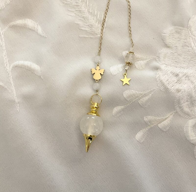 Pendule de Divination Cristal de Roche : Petit Ange en Acier inoxydable Doré