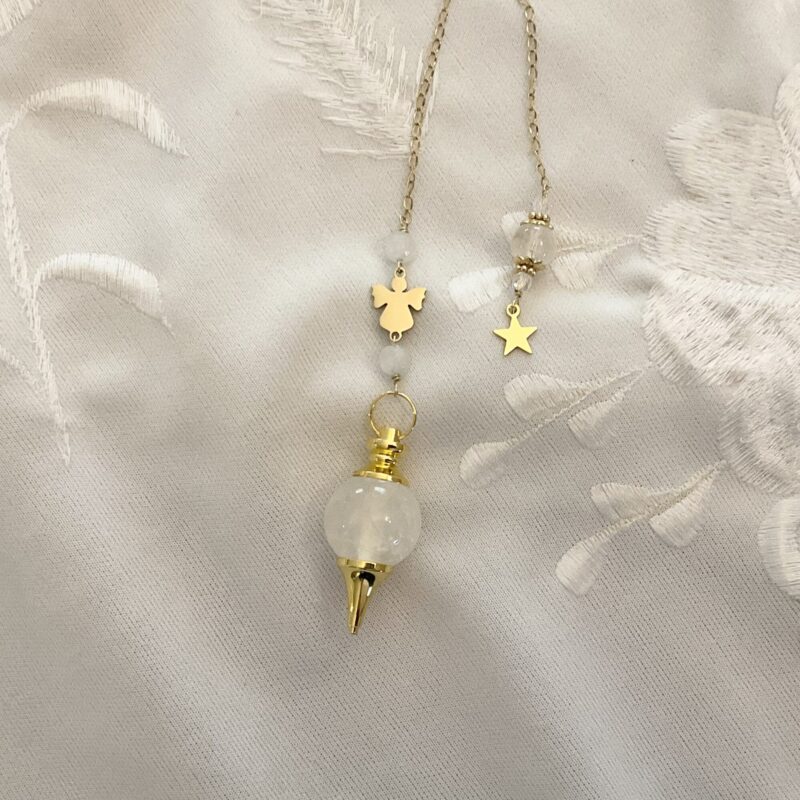 Pendule de Divination Cristal de Roche : Petit Ange en Acier inoxydable Doré