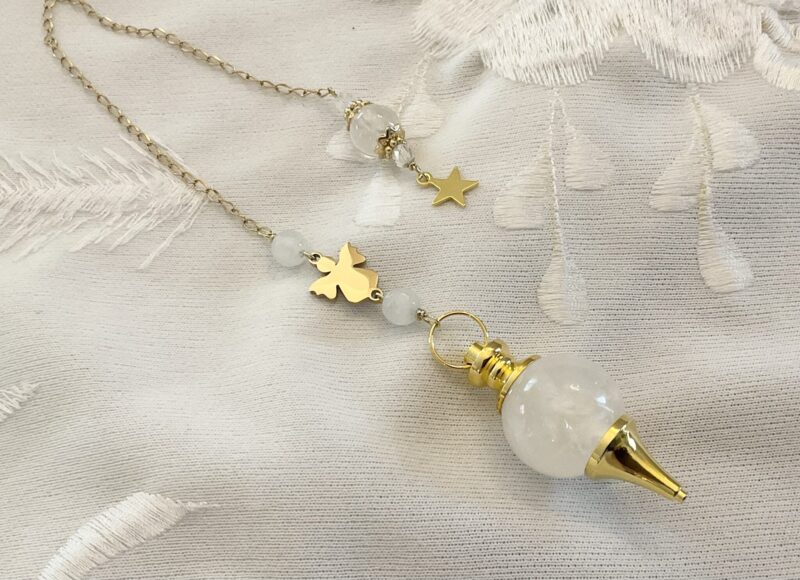 Pendule de Divination Cristal de Roche : Petit Ange en Acier inoxydable Doré