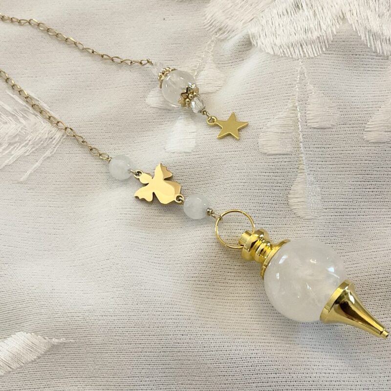 Pendule de Divination Cristal de Roche : Petit Ange en Acier inoxydable Doré