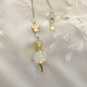 Pendule de Divination Cristal de Roche : Petit Ange en Acier inoxydable Doré