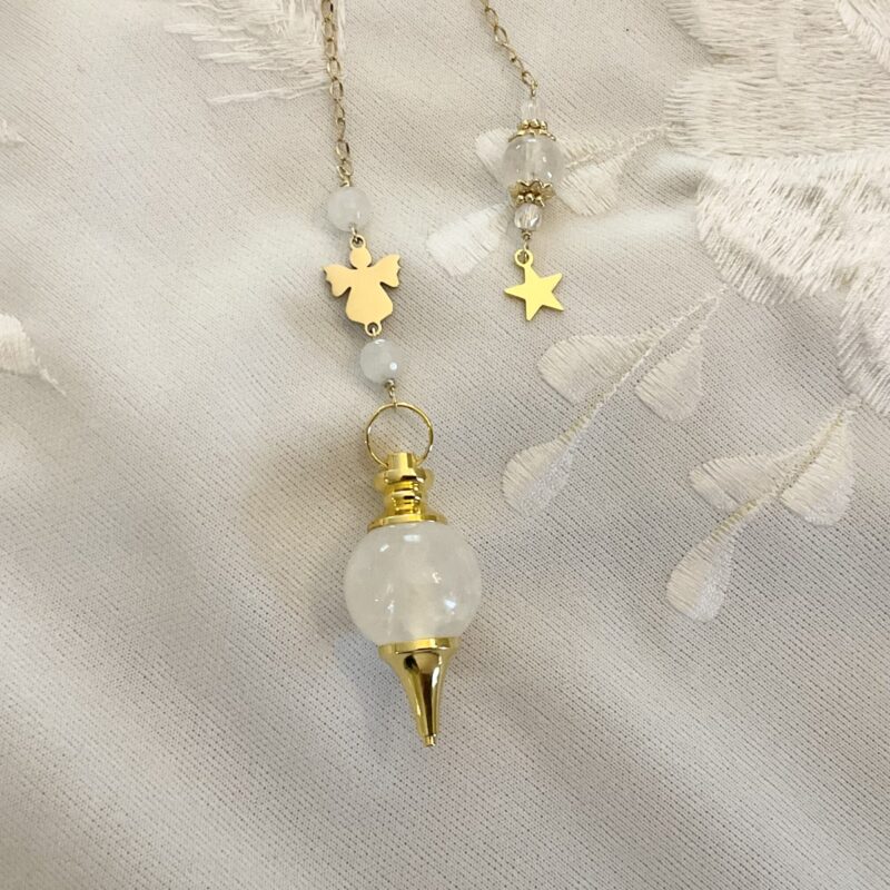 Pendule de Divination Cristal de Roche : Petit Ange en Acier inoxydable Doré