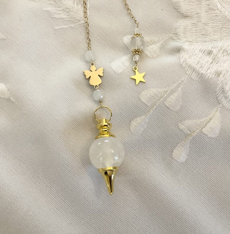 Pendule de Divination Cristal de Roche : Petit Ange en Acier inoxydable Doré