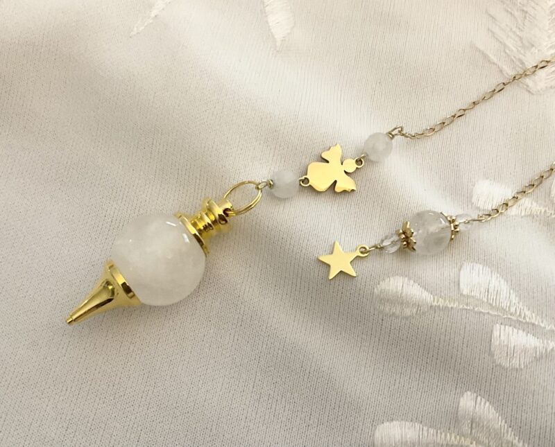 Pendule de Divination Cristal de Roche : Petit Ange en Acier inoxydable Doré