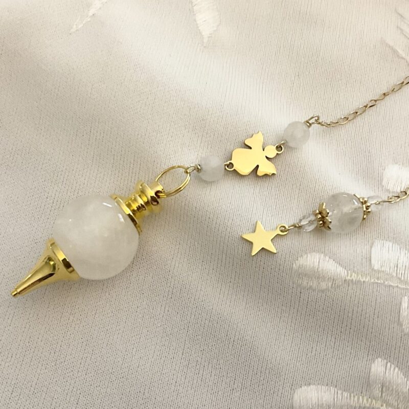 Pendule de Divination Cristal de Roche : Petit Ange en Acier inoxydable Doré