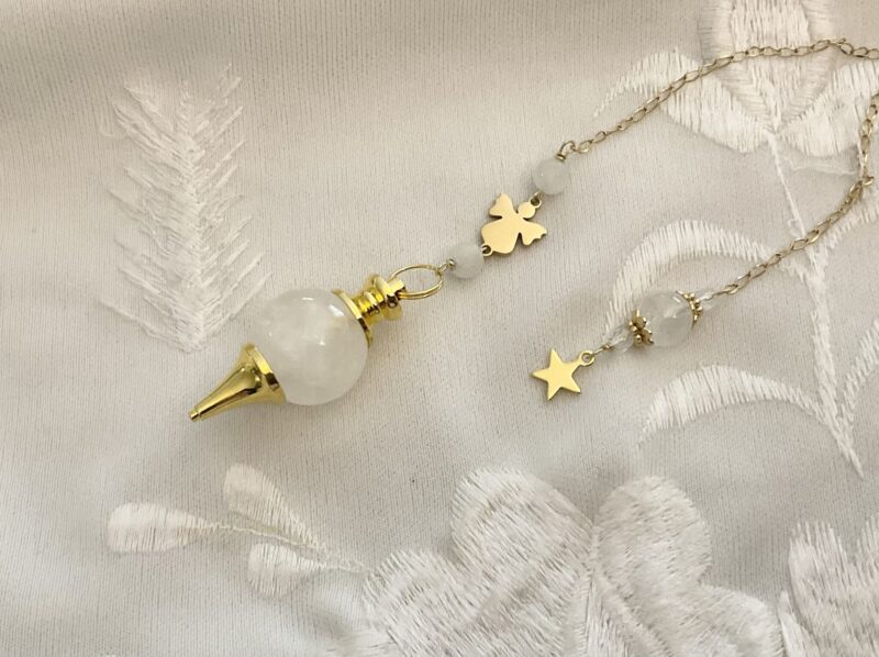 Pendule de Divination Cristal de Roche : Petit Ange en Acier inoxydable Doré