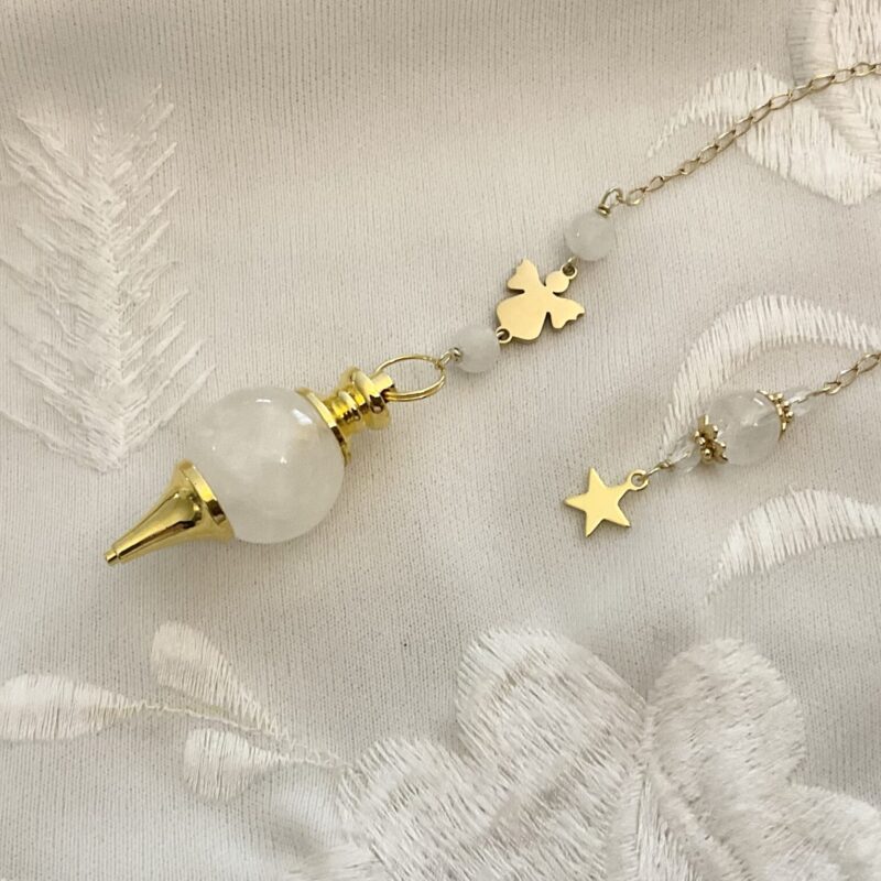 Pendule de Divination Cristal de Roche : Petit Ange en Acier inoxydable Doré