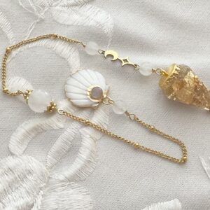 Pendule de divination Orgonite & Cristal de Roche - Coquille Saint Jacques en nacre