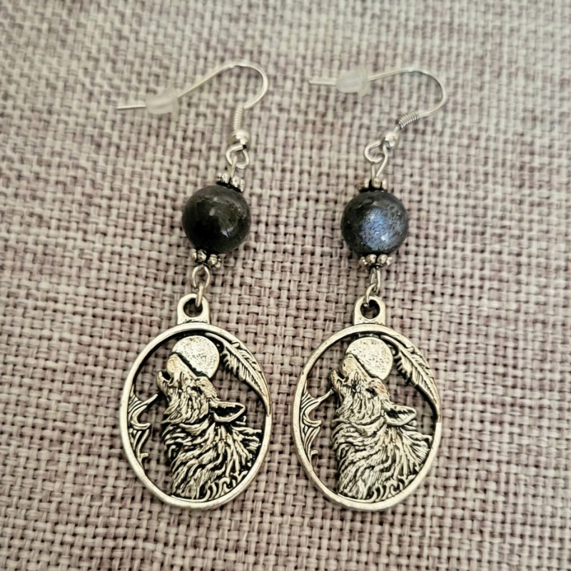 Boucles d'oreilles Totem Loup & Obsidienne