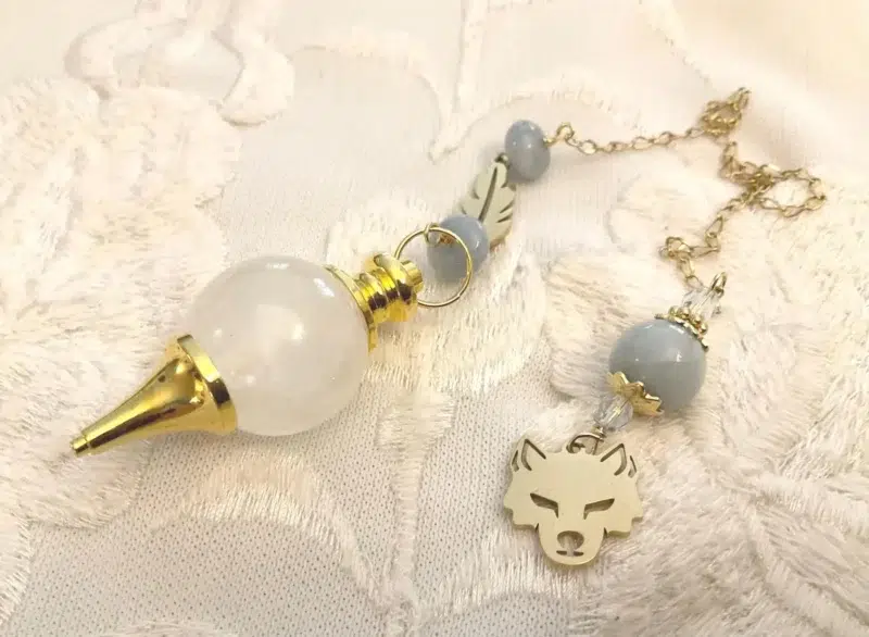 Pendule Séphoroton Loup & Plume - Cristal de Roche et Aigue-Marine