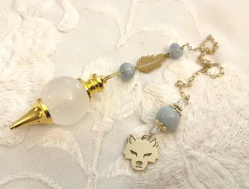 Pendule Séphoroton Loup & Plume - Cristal de Roche et Aigue-Marine