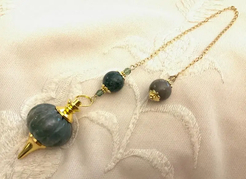 agate indienne 3 Pendule divinatoire citrouille en Agate Indienne & acier inoxydable doré