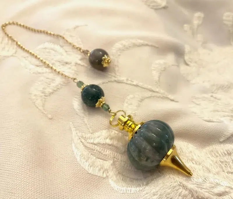 agate indienne 4 Pendule divinatoire citrouille en Agate Indienne & acier inoxydable doré