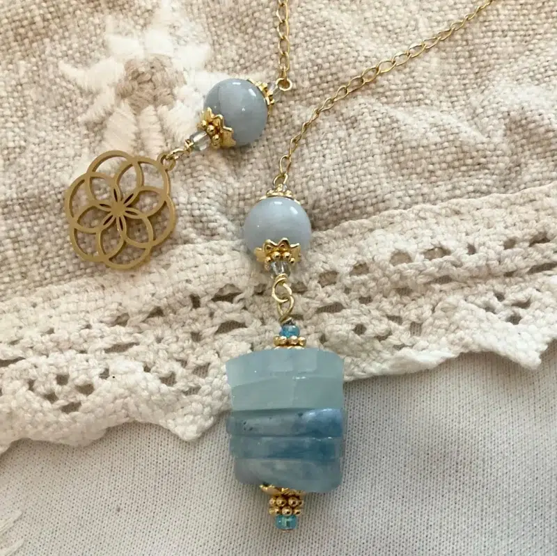 aigue marine 6 Pendule de divination en aigue marine, fleur de vie en acier inoxydable