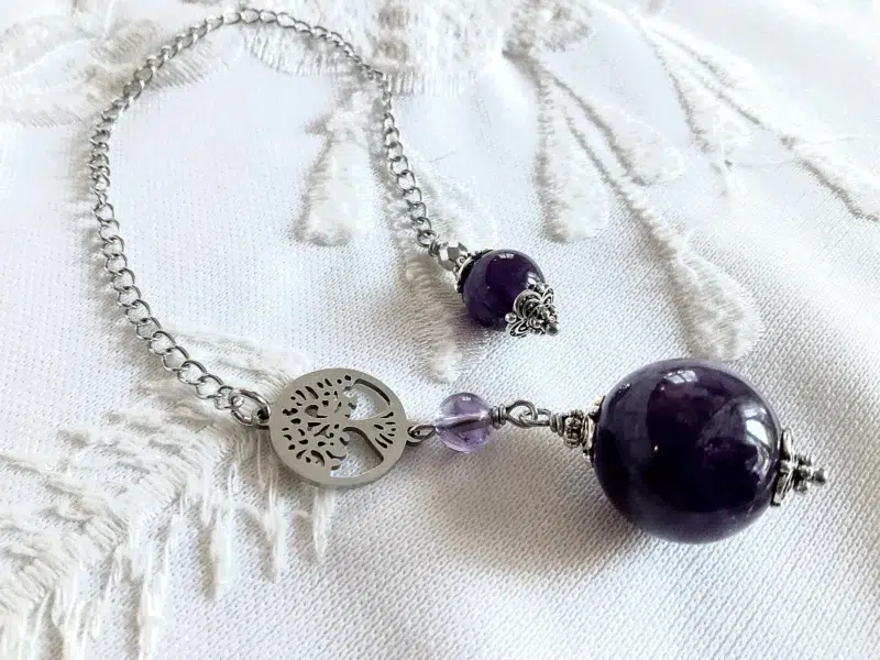 Pendule de divination en Améthyste et Arbre de vie en acier inoxydable