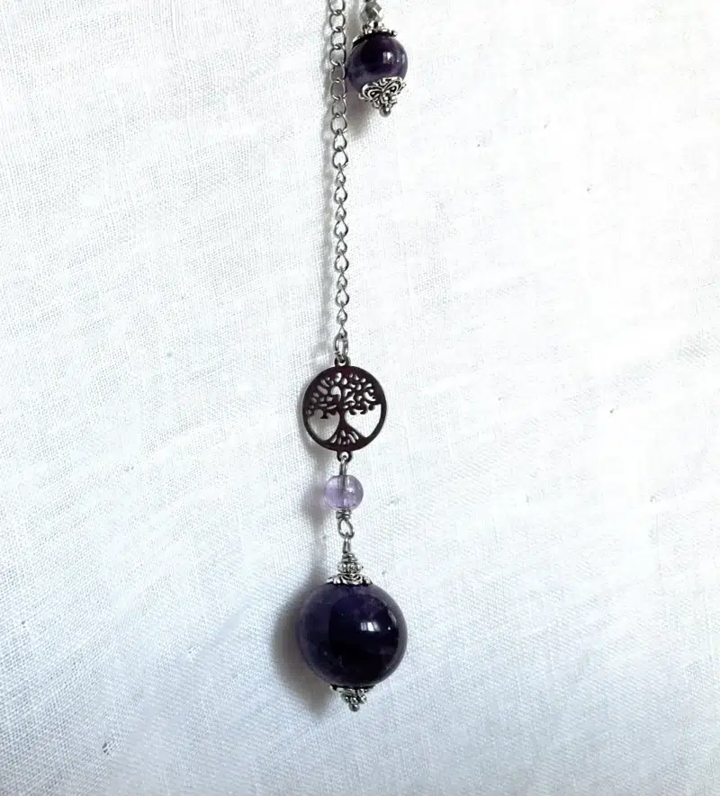 Pendule de divination en Améthyste et Arbre de vie en acier inoxydable