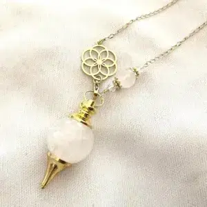Collier pendule divinatoire - cristal de roche, fleur de vie en acier