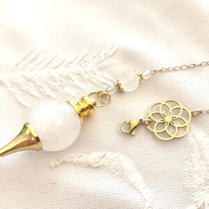 Collier pendule divinatoire - cristal de roche, fleur de vie en acier