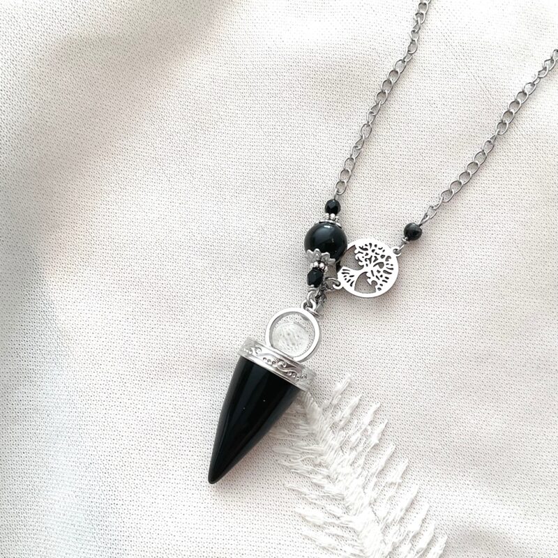 Collier-Pendule en Pierres Naturelles - Pointe Onyx, Obsidienne et Arbre de Vie