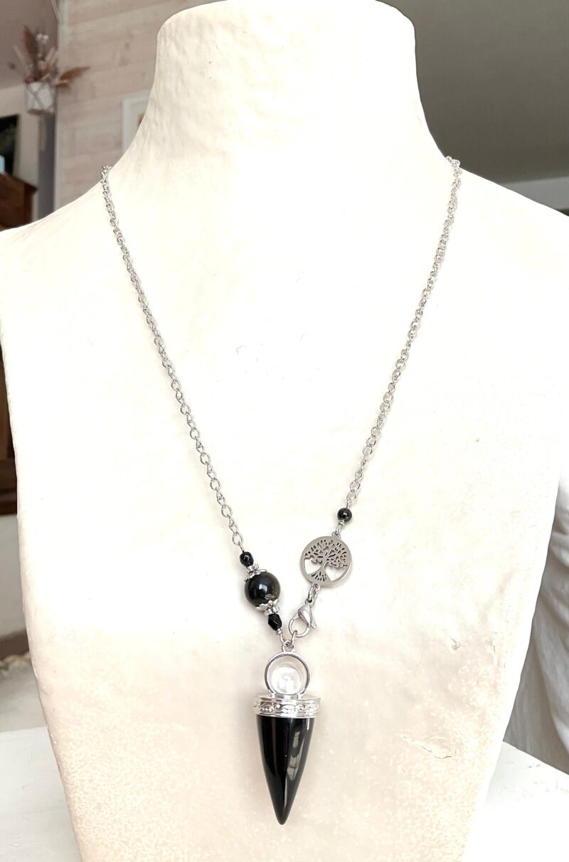 Collier-Pendule en Pierres Naturelles - Pointe Onyx, Obsidienne et Arbre de Vie