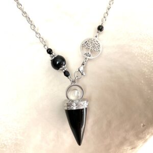 Collier-Pendule en Pierres Naturelles - Pointe Onyx, Obsidienne et Arbre de Vie