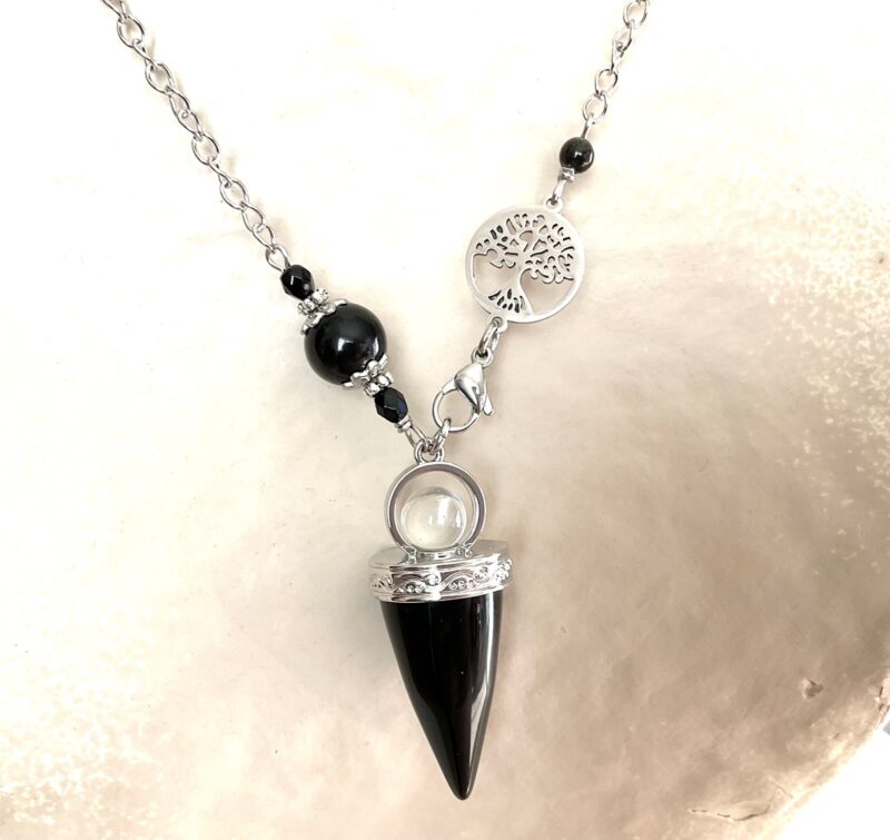 Collier-Pendule en Pierres Naturelles - Pointe Onyx, Obsidienne et Arbre de Vie
