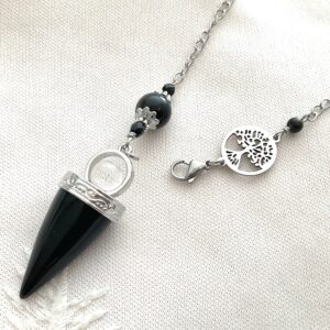 Collier-Pendule en Pierres Naturelles - Pointe Onyx, Obsidienne et Arbre de Vie