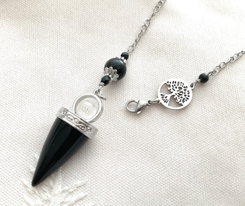 Collier-Pendule en Pierres Naturelles - Pointe Onyx, Obsidienne et Arbre de Vie