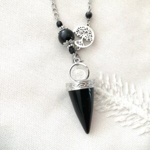 Collier-Pendule en Pierres Naturelles - Pointe Onyx, Obsidienne et Arbre de Vie