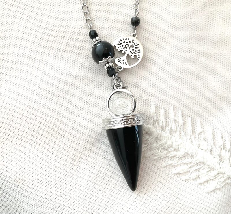 Collier-Pendule en Pierres Naturelles - Pointe Onyx, Obsidienne et Arbre de Vie