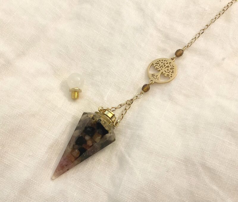 Pendule de divination avec Fiole en Orgonite Tourmaline et Arbre de vie