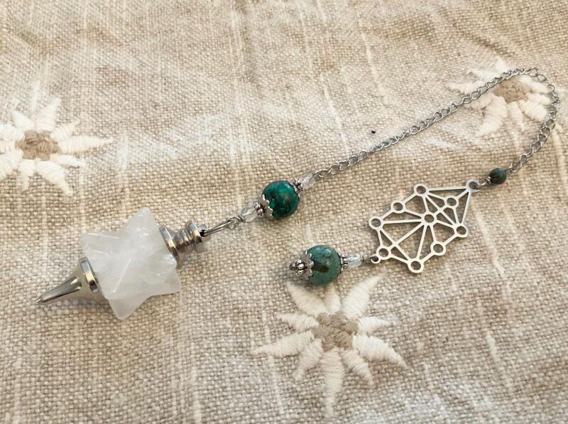 Pendule Divinatoire Arbre de Sephiroth en Cristal de Roche Merkabah et Jaspe Turquoise
