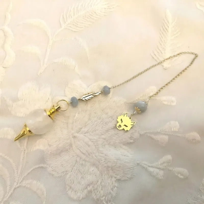 Pendule Séphoroton Loup & Plume -Cristal de Roche et Aigue-Marine
