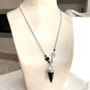Collier/pendule avec pointe en onyx, perle en obsidienne et arbre de vie en acier inoxydable