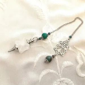 Pendule divinatoire avec Merkabah en cristal de roche, perles en jaspe turquoise et arbre de Sephiroth en acier inoxydable