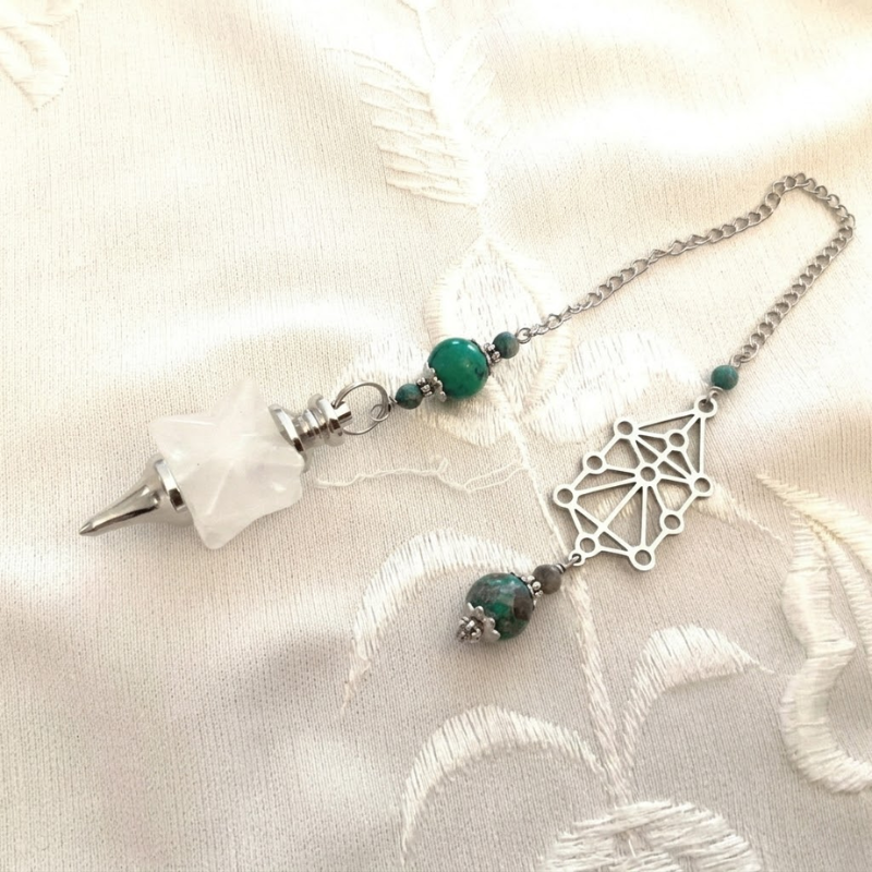Pendule divinatoire avec Merkabah en cristal de roche, perles en jaspe turquoise et arbre de Sephiroth en acier inoxydable