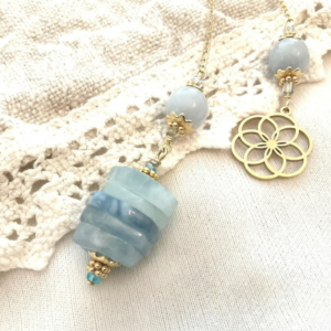 Pendule de divination en aigue marine, fleur de vie en acier inoxydable