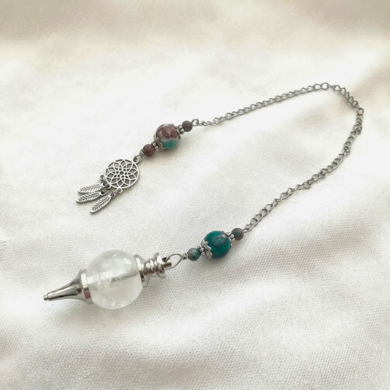 Pendule de divination avec Perle cristal de roche et jaspe turquoise