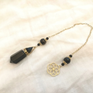 Pendule de divination avec fiole/parfum en obsidienne et fleur de vie